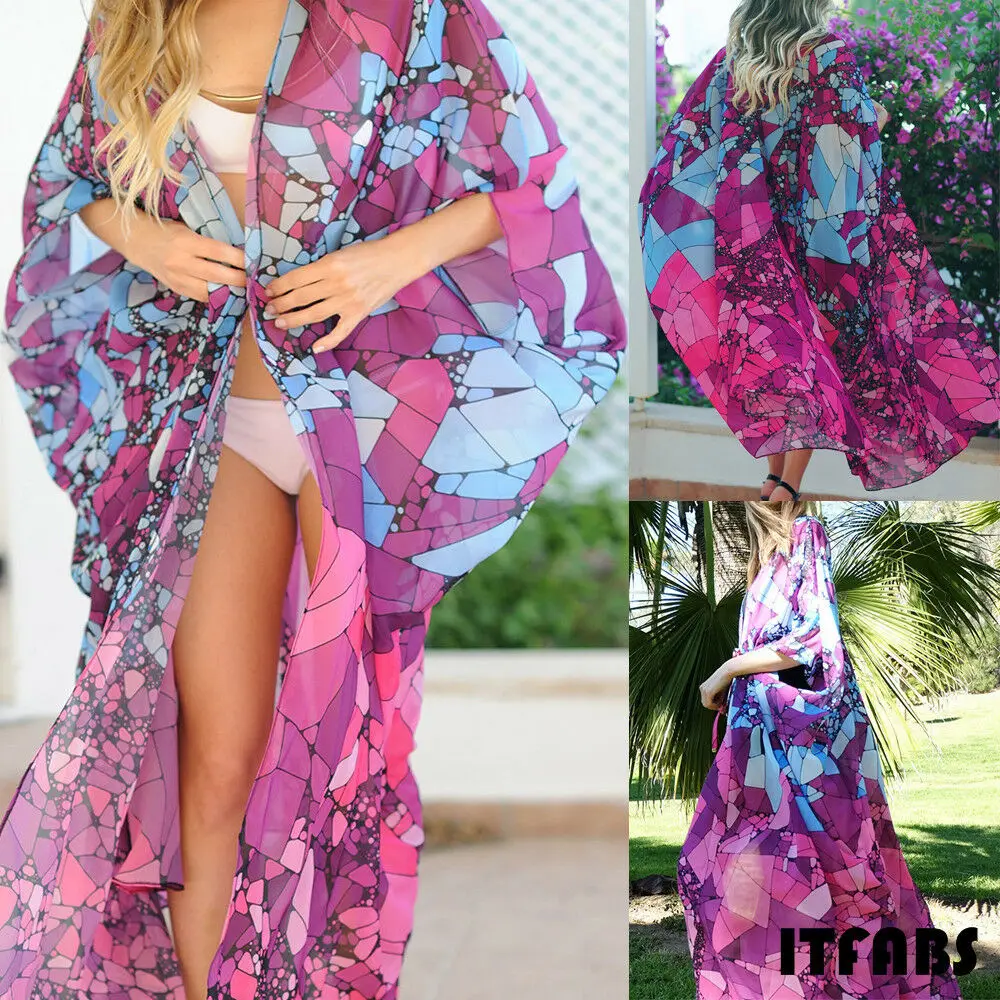

Women Chiffon Kimono Beach Cardigan Bikini Cover Up Wrap Beachwear Print Loose Long dress