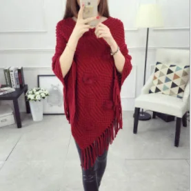 2019 Women Spring Autumn Knitted Sweater Poncho Coat Solid Elegant Pullover Jumper Irregular Tassel Hem Cape Cloak Pull Femme
