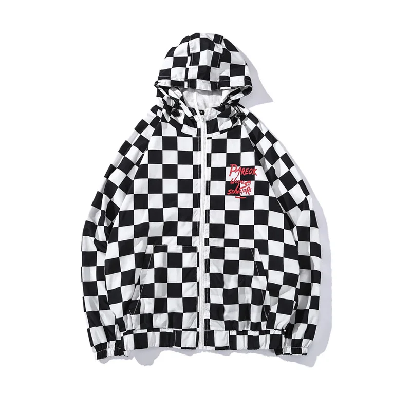 

ZK Spring Autumn Black White Plaid Windbreaker Men's Jacket Hooded Hip Hop Skateboard Couple Cardigan Coats Male Streetwear