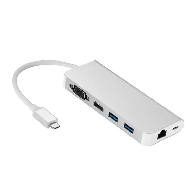 

6 in 1 Type C Hub Type-C to HDMI VGA RJ45 Dual USB3.0 PD Port Adapter Cable for Macbook Computer