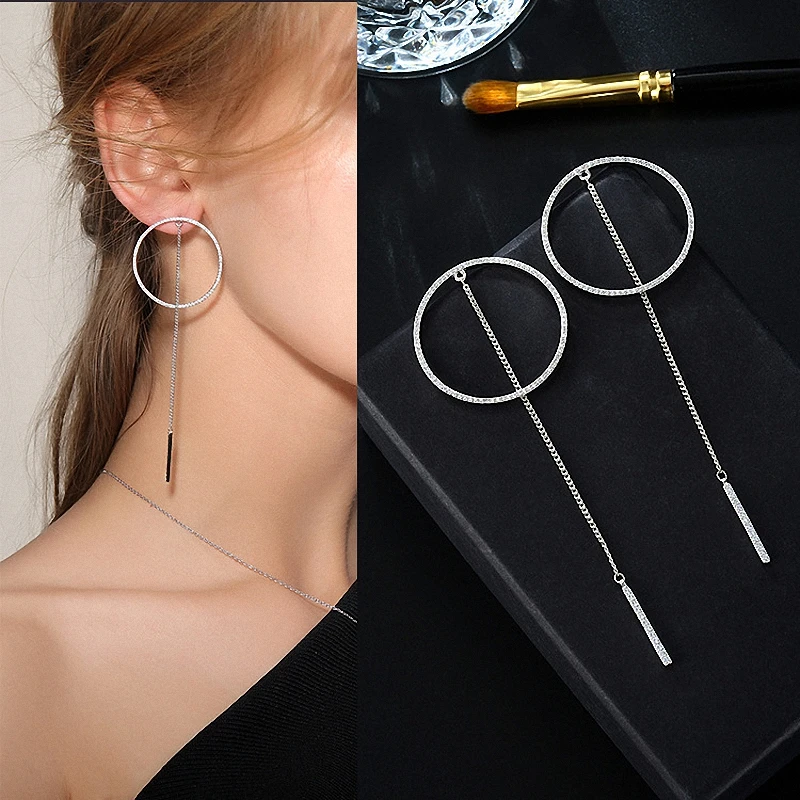 

Korean Fashion Drop Earrings Micro Inlays Cubic Zirconia Circle Pierced Ear Pins Women Office Daily Long Chain Dangle Earring