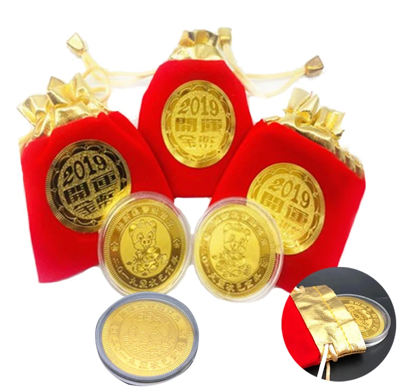 

1pc 50mm Lucky Fortune Coin 2019 China Fengshui Amulet Coin Year of Pig Gift Gold Plated Art Collection Send Blessed Coins