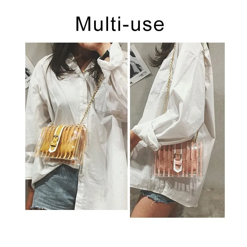 TTOU Women Fashion Messenger Bag Set 2pcs Transparent PVC Crossbody Bag Female Candy Color Jelly Chain Bag Beach Bag