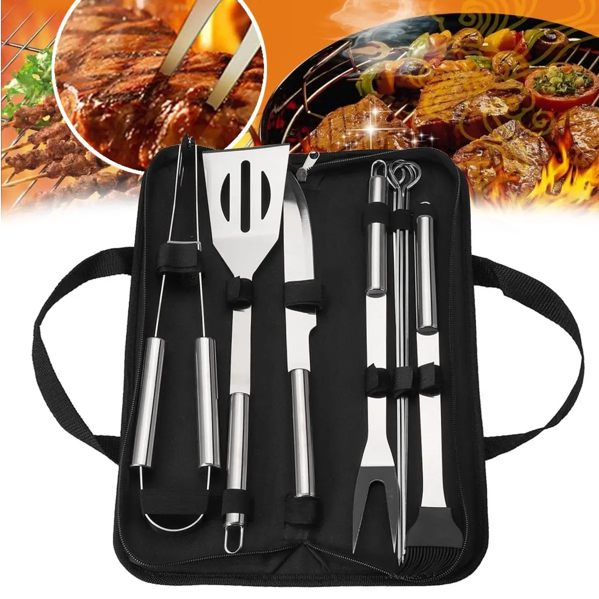 

10Pcs Stainless Steel BBQ Barbecue Tool Set Clip Knife Shovel Utensil Grill Grilling Tool Accessories Kit With Black Oxford Bag