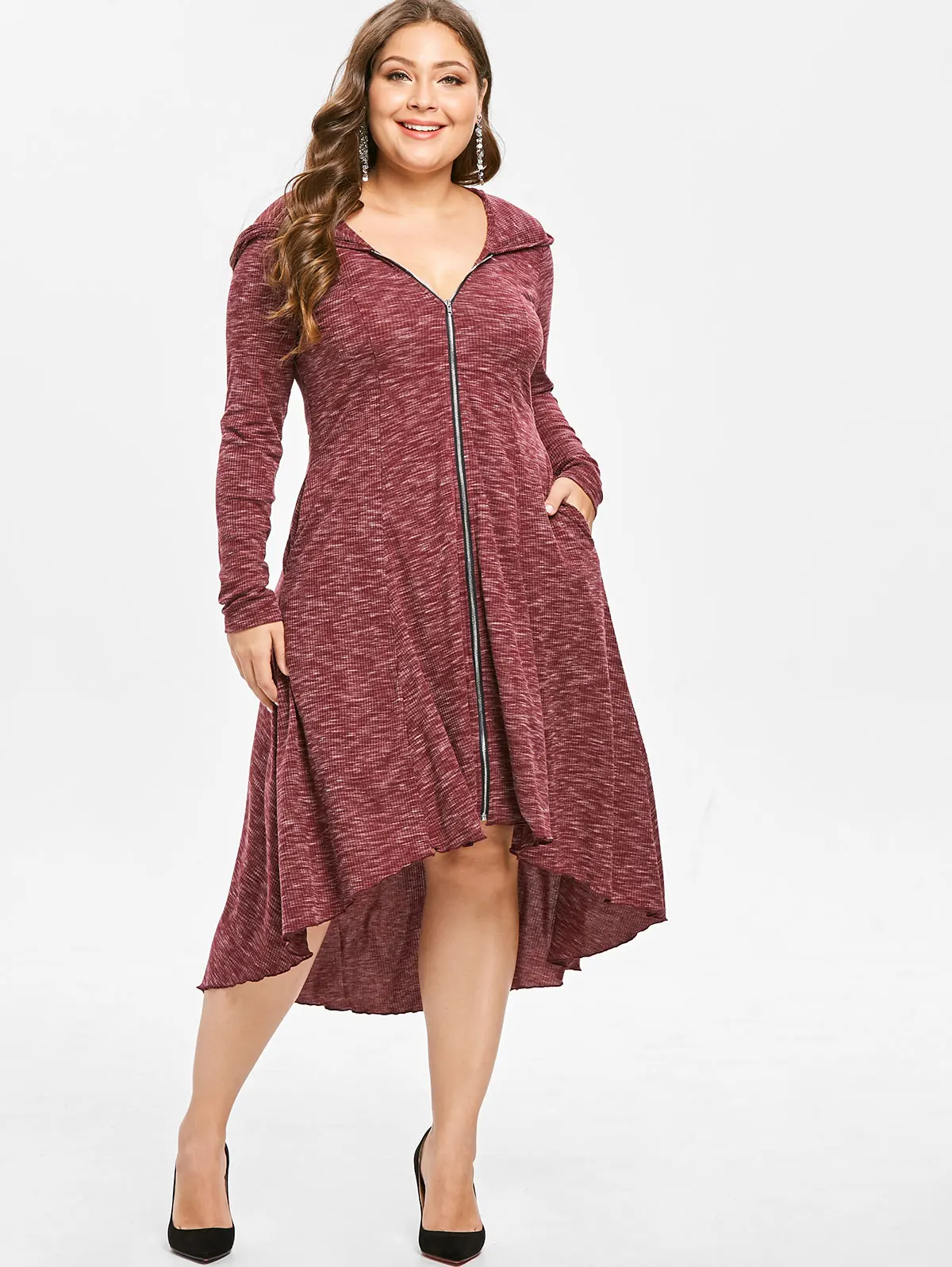 

Wipalo Plus Size Zip Front Hooded Long Sleeve High Low Dress V Neck Long Sleeves Asymmetrical Women Dress Vestido 2019 Clothing
