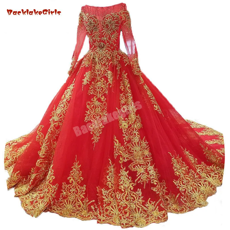 

Backlakegirls Vintage Long Train Evening Dress Luxury Crystal Sequined Gold Appliques Evening Gowns 2018 Hot Vestido De Fiesta