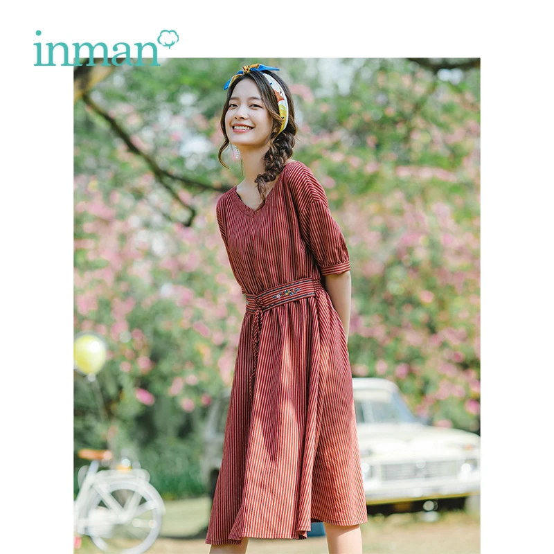 INMAN Summer V-neck Literary Embroidery Striped Defined Waist Slim Short Sleeves A-lineA Women Dress INMAN Summer V-neck Literary Embroidery Striped Defined Waist Slim Short Sleeves A-lineA Women Dress