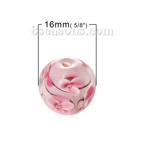 Ручная работа) стеклянные бусины Lampwork круглые розовые цветы прозрачные около 16 мм диаметр, отверстие около: 2,3 мм-2,7 мм, 1 шт