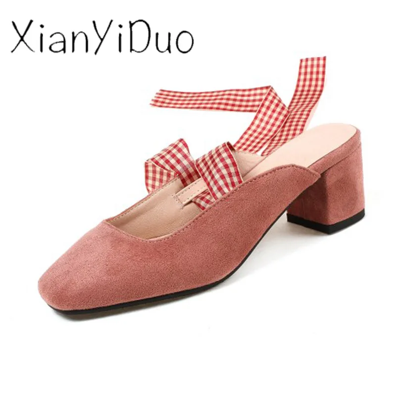 

Xianyiduo2019 new Summer flock Women's shoes Ankle Strap sandals closed toe pink Beige Middle Heel Cover Heel big size 34-43