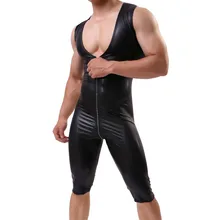 Мужские боди с брюками комбинезон без рукавов из искусственной кожи Мужская Борцовка Майка крутая молния сценический супер эластичный сексуальный боди