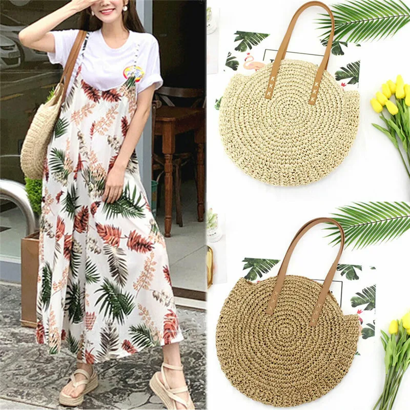 

2019 Women Circular Wicker Rattan Straw bag Woven Crossbody bag Handmade bag Solid summer casual Beach Bag Shoulder Bags
