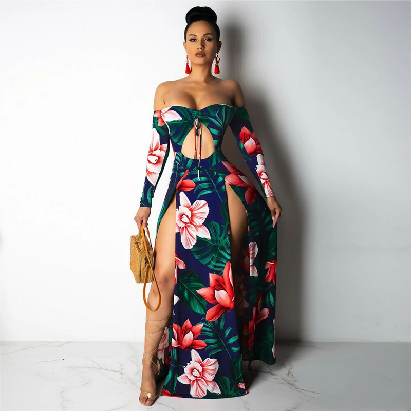 

Women's Vintage Floral Sexy Strapless Dress Long Sleeve Ladies Off Shoulder Hollow Out Split Party Street Dress