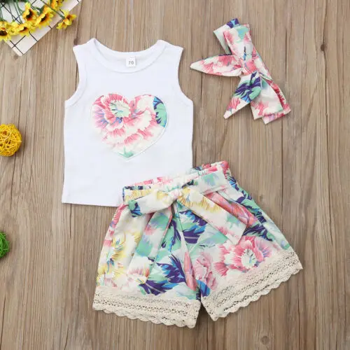 0-3Years Newborn Kis Baby Girls Floral Vest Tops+Shorts Pants+Bow Headband Clothes Set