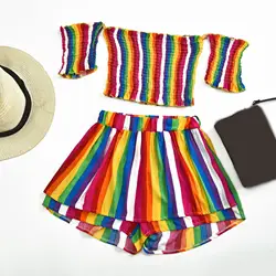 Комплект из 2 предметов Лето 2019 г. для женщин наборы для ухода за кожей с открытыми плечами красочные полосатый Топ Пляж плиссированные шорт