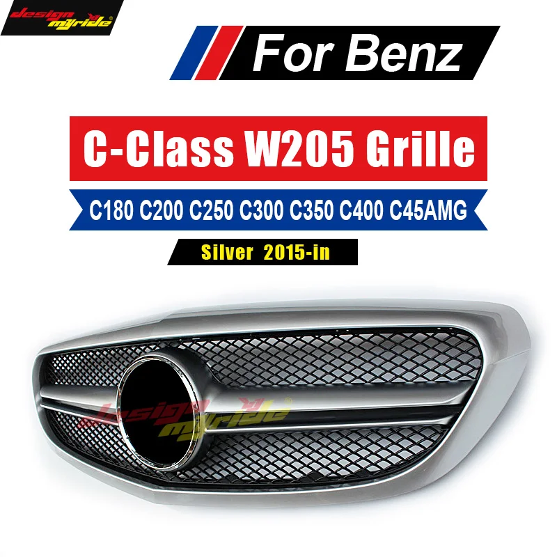 

W205 grille AMG-style ABS silver For Benz C180 C200 C250 C300 C350 C400 Without Emblem Front Grille 15-in Natural Front Bumper