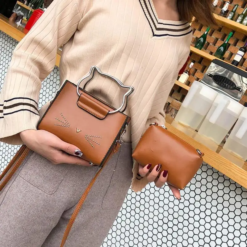 2Pcs Cat Messenger Bag Women Pu Shoulder Bags Clutch Composite Handbags Set huismerk kopen in de aanbieding