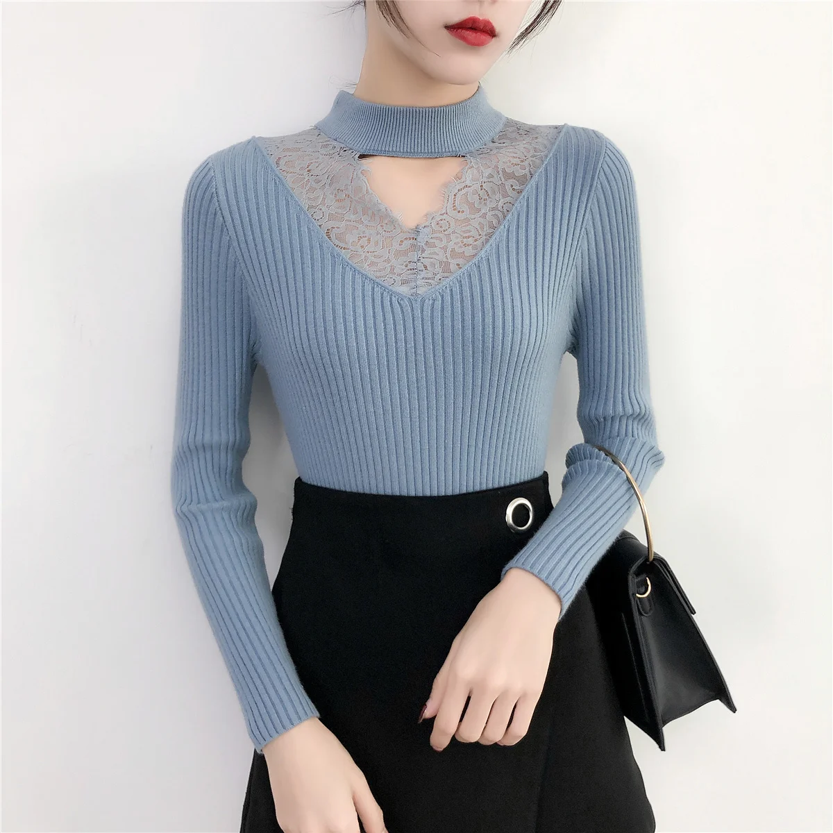 Korean Spring Autumn Sexy V-neck Knited Pullovers Sweaters Casual Lace Patchwork Long Sleeve Elasticity Slim-fit Tight Sweater 