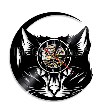 

1Piece Kitten Head Cat Wall Clock Black Cat Vinyl Record LP Cat Lover Home Decorative Lighting Glowing Led Lamp