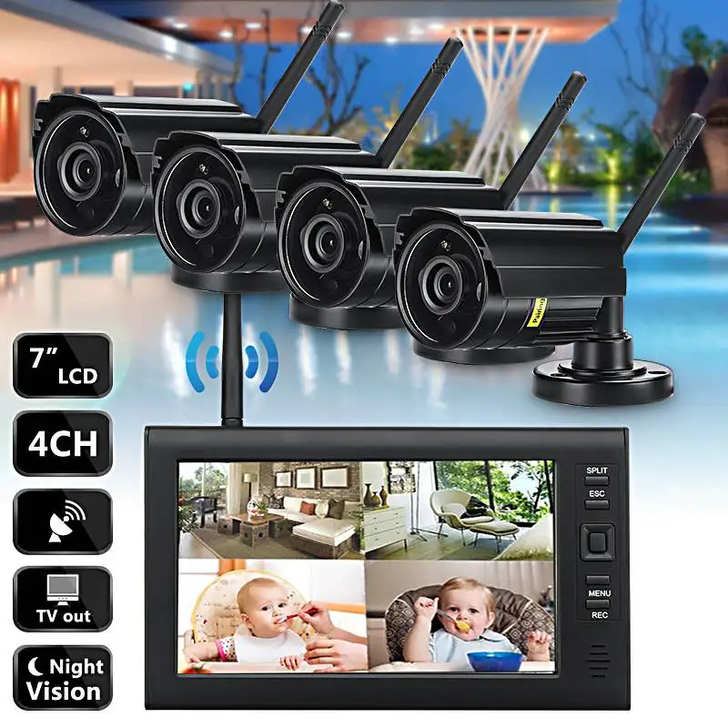 

7" LCD Monitor DVR& 4 Wireless CCTV Camera Motion Detect Security System UK Plug