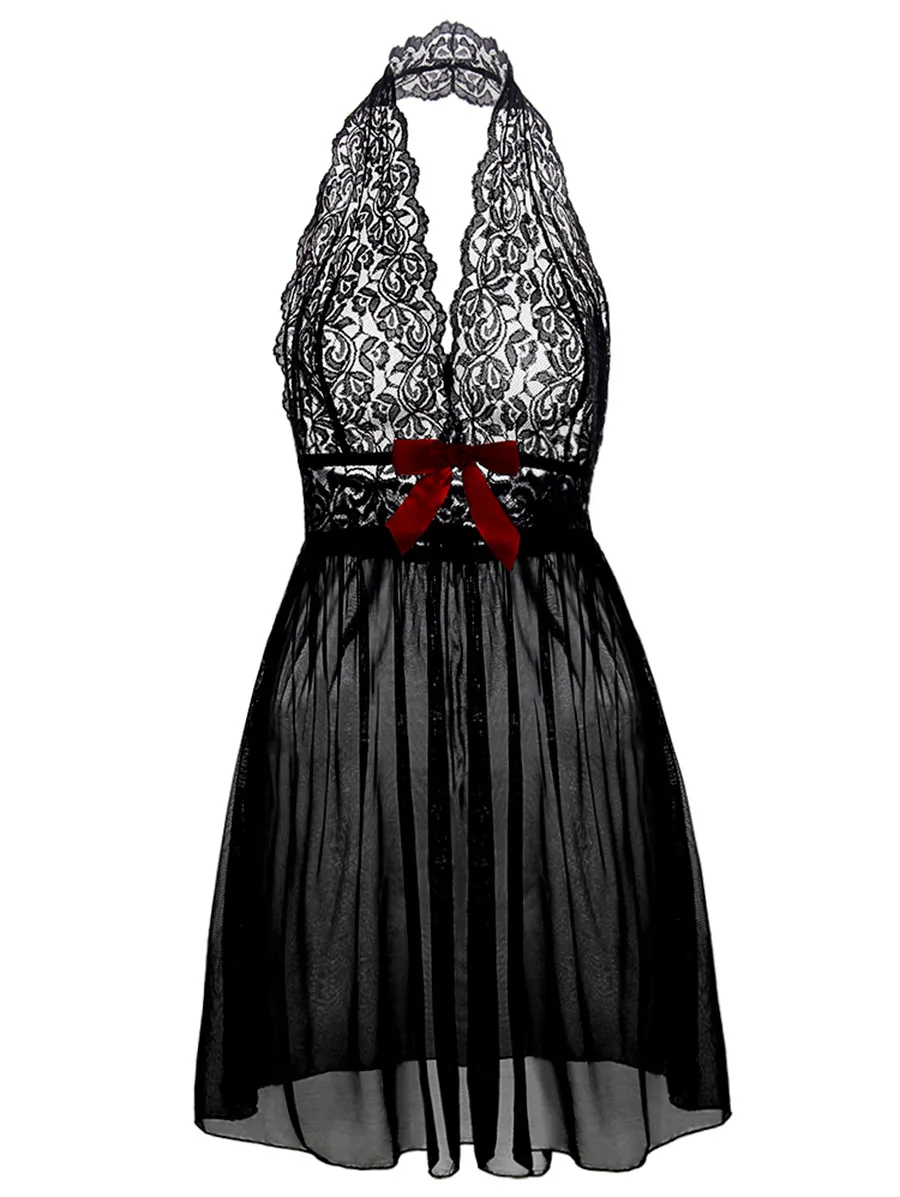 

Wipalo Women Sexy Halter Sheer Lace Plus Size Dress Casual Solid Mini Chemise Dress Ladies Nightdress Female Sleep Dress 6XL