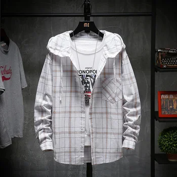 

Spring New Plaid Shirt Men Fashion Retro Casual Hooded Shirt Man Streetwear Trend Wild Loose Long-sleeved Shirt Male Clothes