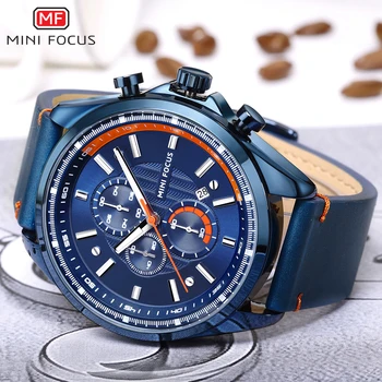 

MINI FOCUS Fashion Casual Watch Men Quartz Clock Blue Leather Strap 3 Sub-dial 6 Hands Chronograph Sports Men Watches Top Luxury