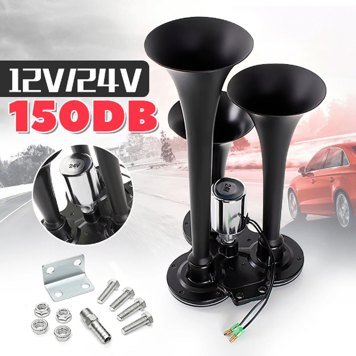 

Universal Black Metal 12V/24V 150DB Motorcycle Compact Air Horn Kit Triple Trumpet Super Loud for Train Car Truck Boat