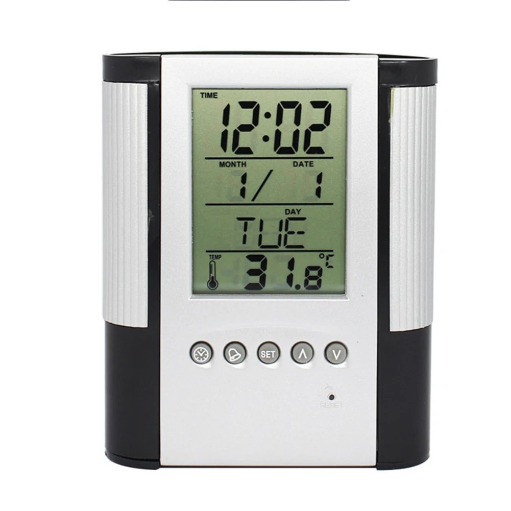 ABS Multifunctional Alarm Clock Pen Holder Office Electronic Calendar Alarm Clock LCD Temperature Display Container #16