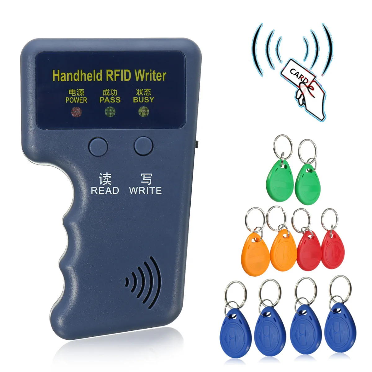 

Handheld 125KHz EM4100 RFID Copier Writer Duplicator Programmer Reader + 10 Pcs EM4305 T5577 Rewritable ID Keyfobs Tags Card