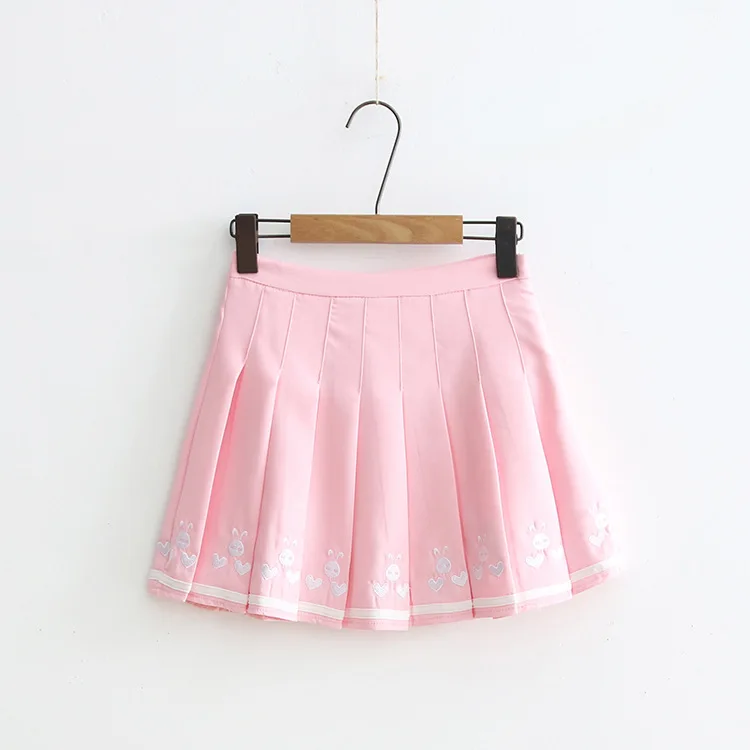 2019 Summer Pink Girl Cute Rabbit Short Skirt Women A-Line Mini Skirts Solid Preppy Style High Waist Pleated Skirts