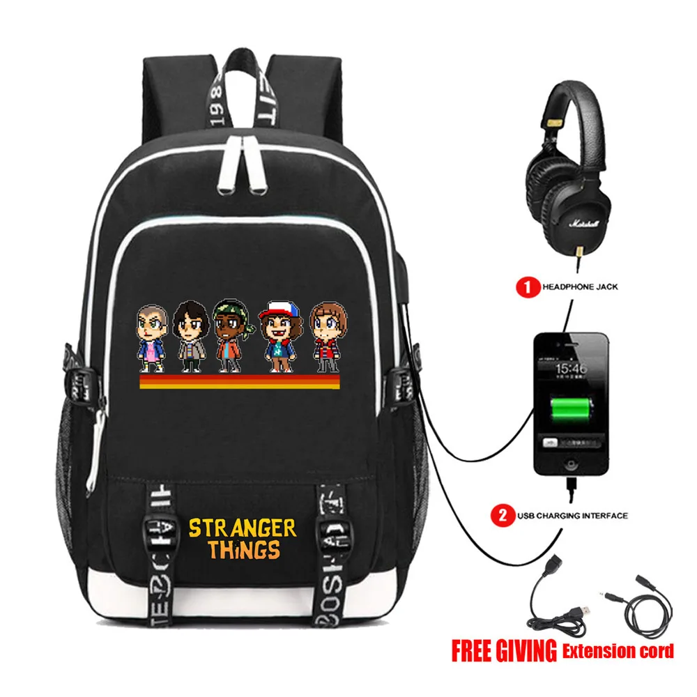

USB Charging Headphone Teenagers Schoolbag Unisex Travelbag Multifunction Daily Rucksack Hot Stranger Things Backpack 18 style