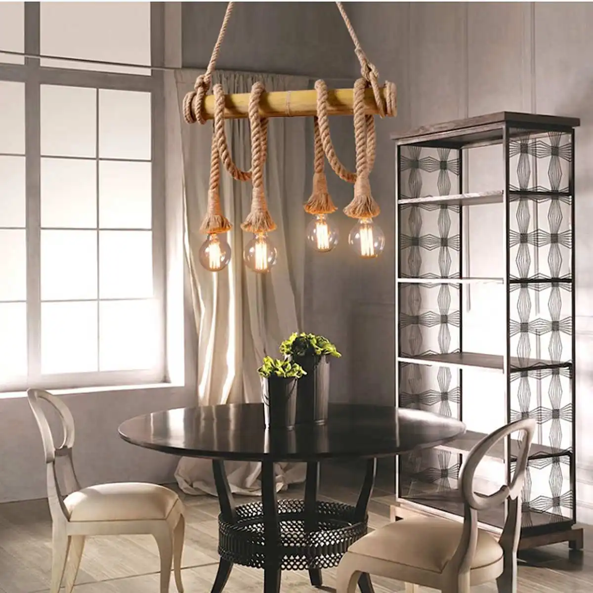 

6 bulbs Vintage Bamboo Ceiling Lamp Hemp Rope Chandelier Light Hanging Light for home Living Room Bar decoration