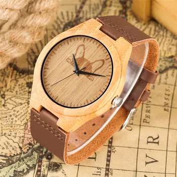 

Men's Watch Wooden Genuine Leather Wristwatch Quartz Movement Cute Dog Design Analog Display High Quality Wood Clock Man reloj