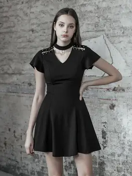 

Punk Rave Women's Goth V-Neck Black Plain Little Dress PQ495LQ