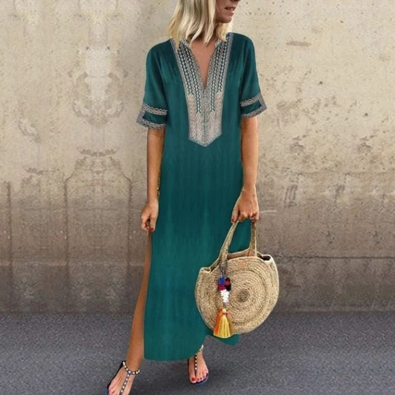 

Summer Womens Boho Short Sleeve V-neck Maxi Dress Split Baggy Kaftan Long Dress