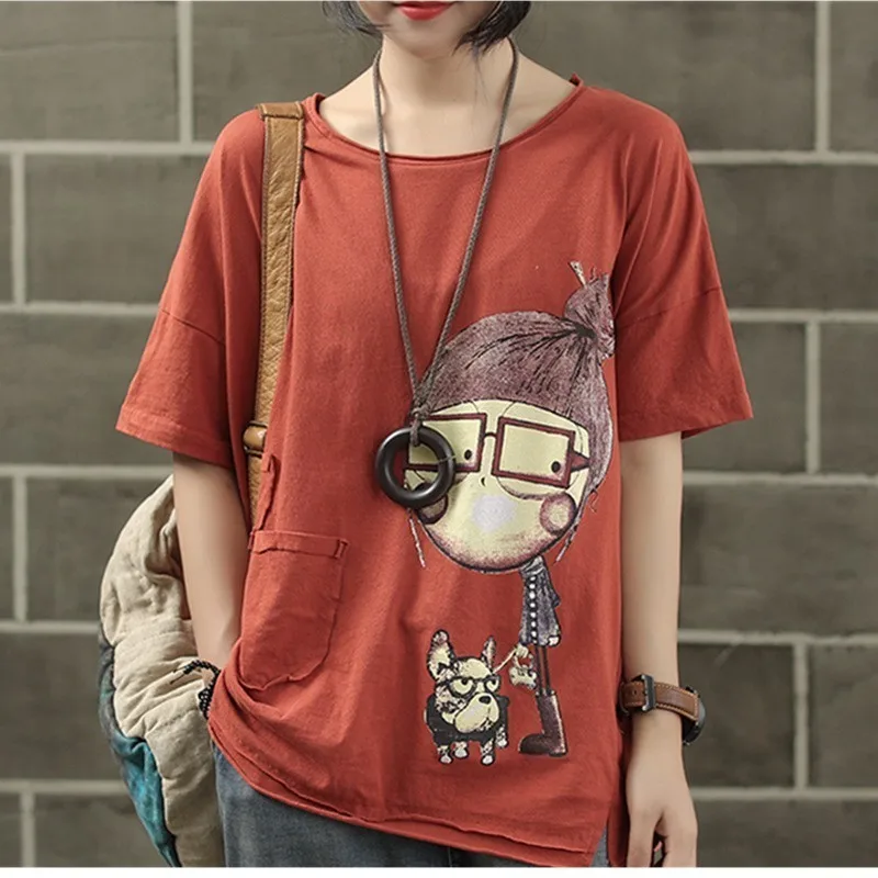 

Loose cartoon printed t shirt women 2019 summer cotton O-neck short sleeve graphic tees casual top shirt camisetas verano mujer