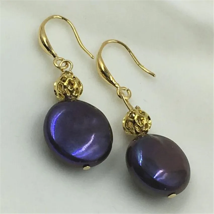 

15-16mm baroque Peacock blue pearl earrings hook dangler Jewelry earbob natural Fine party irregular Gift women Cultured