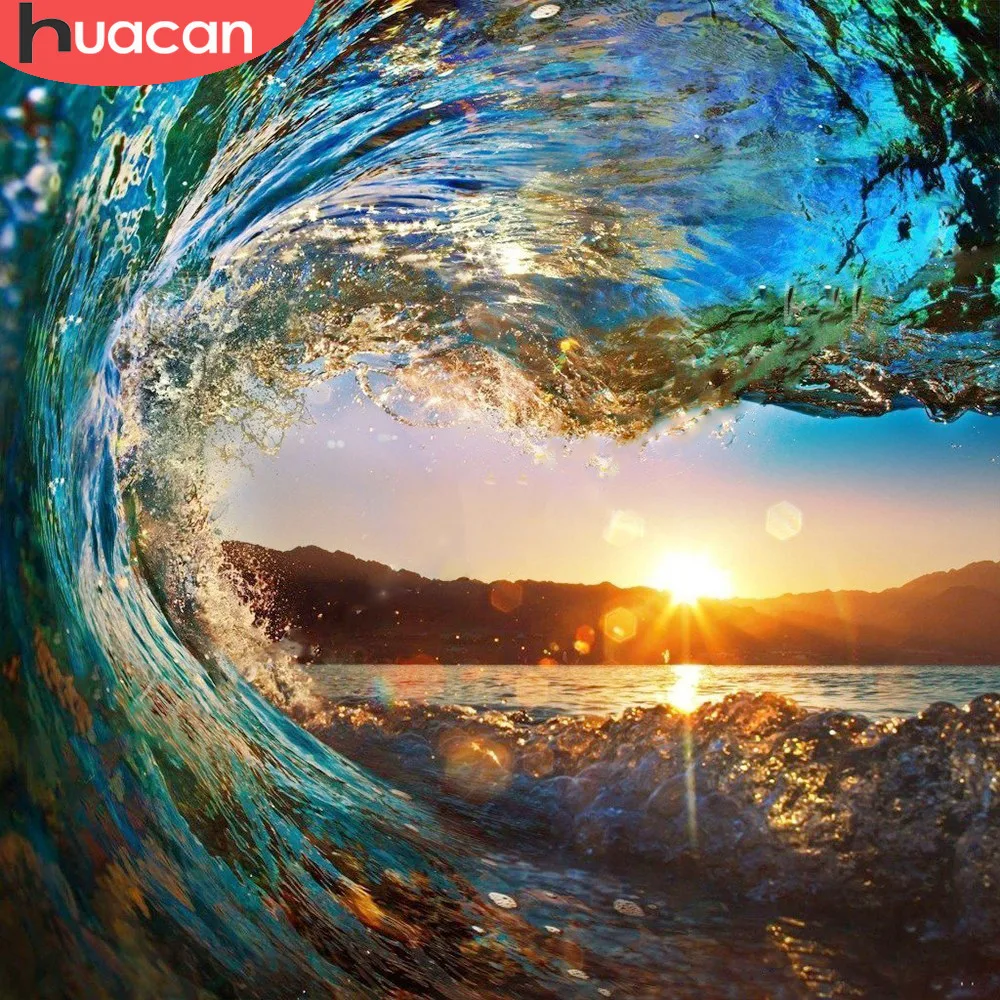 

HUACAN Diamond Mosaic Scenery 5D DIY Diamond Painting Cross Stitch Sunset Embroidery Sea Wave Handicraft Picture Rhinestone