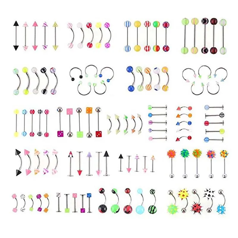 

110 Pcs Acrylic Mix Eyebrow Belly Lip Tongue Bar Rings Nose Hoop Ring Body Piercing Jewelry Barbell Body Jewelry