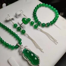 Koraba 4 шт. 925 пробы серебро натуральный зеленый стручок нефритовые бусины из драгоценного камня кулон ожерелье браслет серьги женский комплект ювелирных изделий