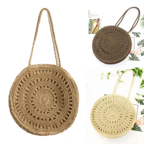 

Summer Women Beach Bag Round Straw Woven Handbag Casual Tote Shoulder Storage Bags