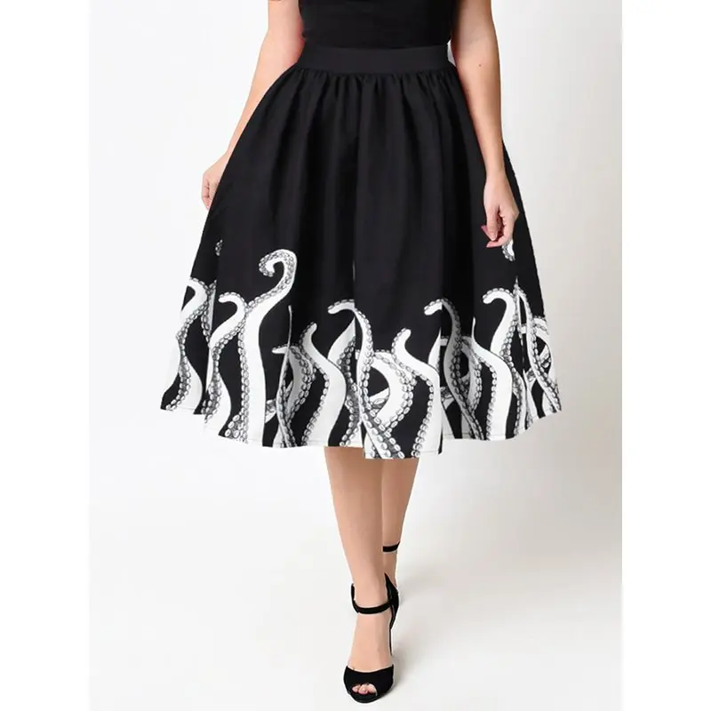 

Gothic Vintage Elegant Black Summer OL Ladies Women Pleated Skirts Aline Goth Print Streetwear Beach Female Fashion Midi Skirt