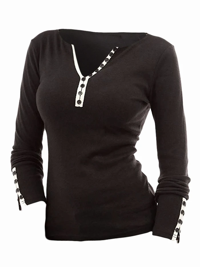 

Wipalo Women Plus Size 5XL Button Embellished T-Shirt Ladies V Neck Long Sleeves Casual Patchwork Tee Tops Female Pullover Tops