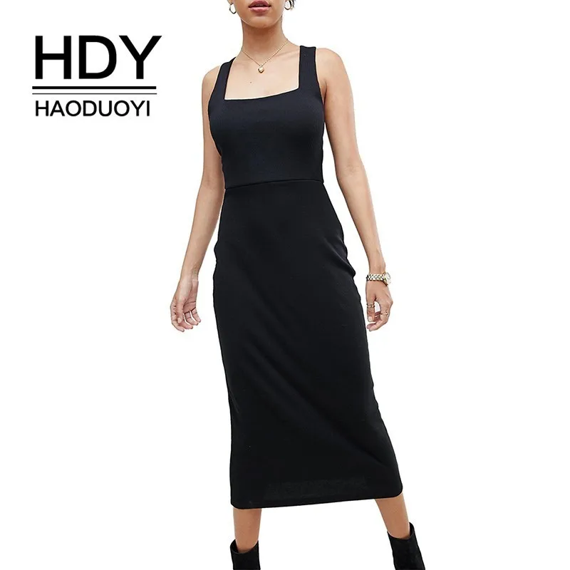 Платье HDY Haoduoyi женское черное летнее простое OL на тонких бретельках с галстуком