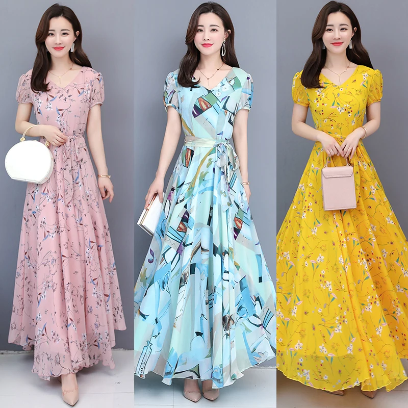 

summer wears 2019 korean style bodycon womens vintage chiffon floral long dresses plus size boho maxi 3XL swing bohemian