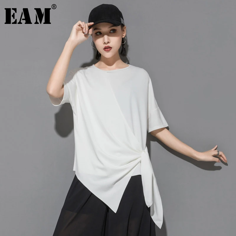 

[EAM] 2019 New Spring Summer Round Neck Short Sleeve Black Loose Irregular Hem Bandage Big Size T-shirt Women Fashion JS941