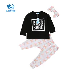 Канис новорожденных Детская Одежда для маленьких мальчиков и девочек Boss Babe Футболка с принтом комплект одежды с топами и штанами Bebe для