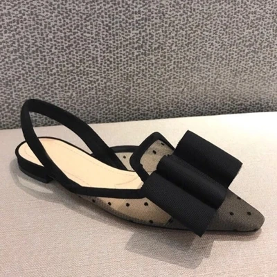 

Casual Shoes Women Black Lace Mesh Leather Polka Dot Flat With Sandals Summer Back Strap Butterfly Knot Decoration Shoes
