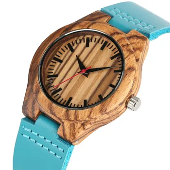 

Classic Wood Watch Women Quartz Wristwatch Creative Blue Genuine Leather Bangle Female Watches reloj femenino New Arrival 2019