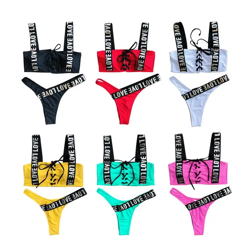 

2019 New Ladies Two Piece Bikini Swimsuit Set Letters Printing Sexy Backless Swimwear For Swimming And Water Sports S/M/L/XL/XXL